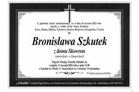 Zdjęcie przedstawia informacje o śmierci ŚP. Bronisławy Szkutek z domu Skowron