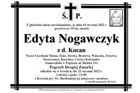 Zdjęcie przedstawia informacje o śmierci Zmarła Edyty Nogawczyk