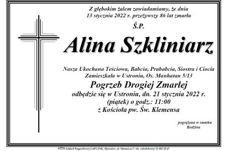 Zdjęcie przedstawia informację o śmierci Ś.P. Aliny Szkliniarz