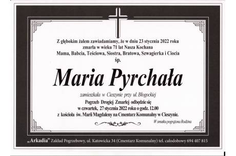 Zdjęcie przedstawia informację o śmierci śp. Marii Prychały
