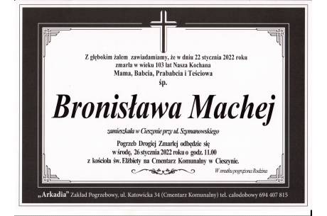 Zdjęcie przedstawia informacje o śmierci  śp. Bronisławy Machej