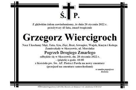 Informacja o śmierci Grzegorza Wiercigrocha