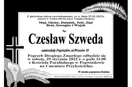 Zdjęcie przedstawia informacje o śmierci  śp. Czesława Szweda