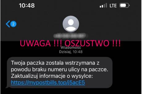 Przykład SMSa od oszustów, fot. KPP Cieszyn