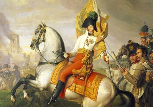 "Arcyksiążę Karol w trakcie Bitwy pod Aspern-Essling", obraz autorstwa Johanna Petera Kraffta, 1812. Źródło: hgm.at