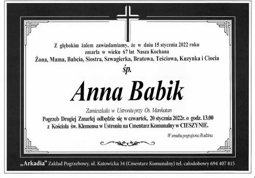 Zdjęcie przedstawia informację o śmierci śp.  Anny Babik