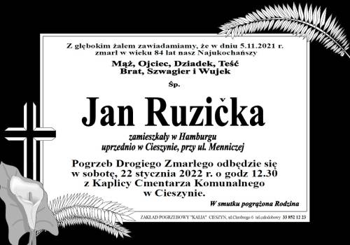 Zdjęcie przedstawia informacje o śmierci śp. Jana Ruzićka