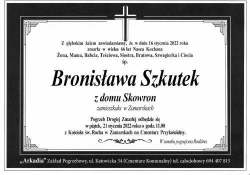 Zdjęcie przedstawia informacje o śmierci ŚP. Bronisławy Szkutek z domu Skowron