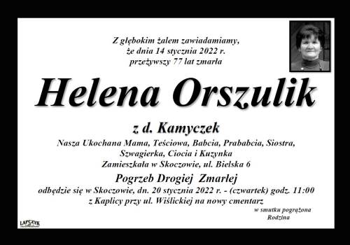 Zdjęcie przedstawia informacje o śmierci  śp. Heleny Orszulik