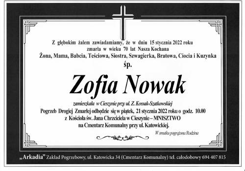 Zdjęcie przedstawia informacje o śmierci śp. Zofii Nowak