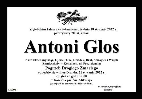 Informacja o śmierci Antoniego Glosa