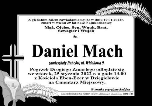 Zdjęcie przedstawia informacje o śmierci Daniela Macha
