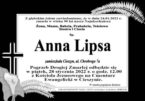 Zdjęcie przedstawia informacje o śmierci Śp. Anny Lipsy 