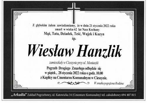 Zdjęcie przedstawia informacje o śmierci Wiesława Hanzlika
