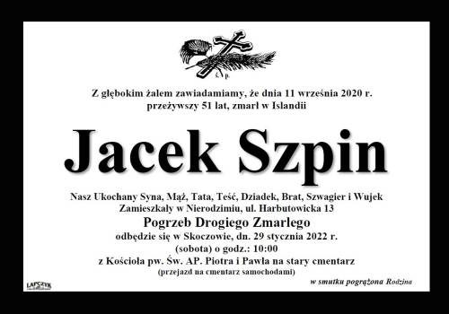 Zdjęcie przedstawia informacje o śmierci Jacka Szpina 