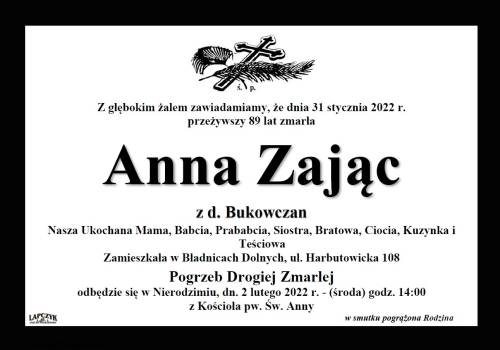 Zmarła Anna Zając z d. Bukowczan