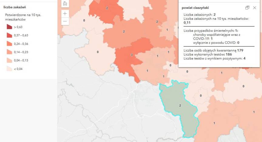 Szczegółowe dane epidemiologiczne dotyczące powiatu cieszyńskiego. Kliknij, aby przybliżyć. Źródło: gov.pl