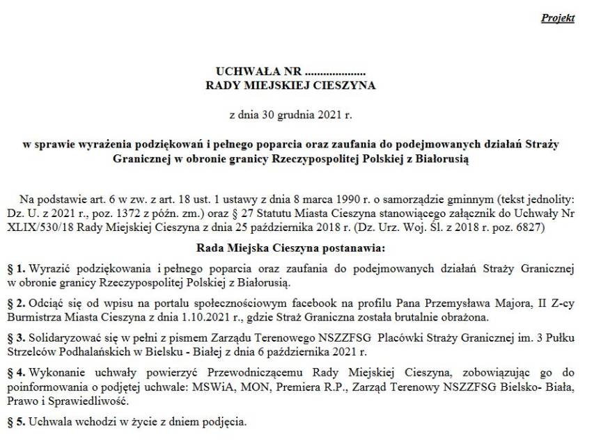 Projekt uchwały skierowany przez radnych Prawa i Sprawiedliwości. Źródło: cieszynmiasto.esesja.pl