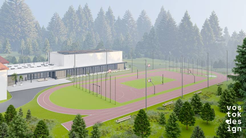 Wizualizacja przedstawiająca halę sportową w Kiczycach wraz z otoczeniem. Źródło: UM Skoczów