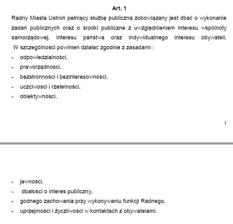 Artykuł 1 Kodeksu Etycznego Radnego Rady Miasta Ustroń. Źródło: ustron.bip.info.pl