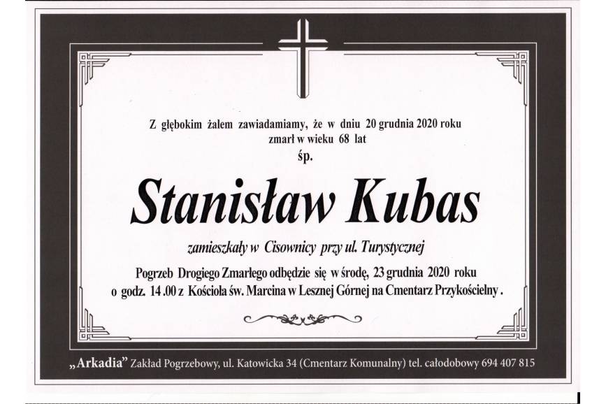 Zmarł ŚP.  Stanisław Kubas