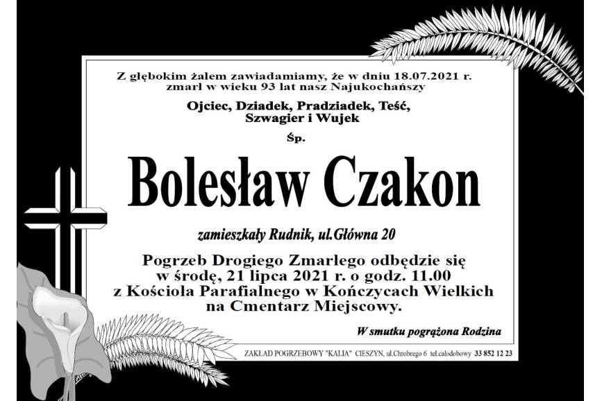 Zmarł  śp. Bolesław Czakon 