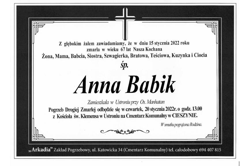 Zmarła śp.  Anna Babik