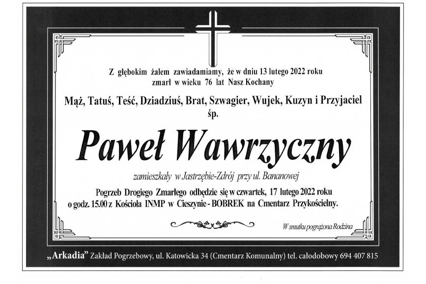 Zmarł  śp. Paweł Wawrzyczny 