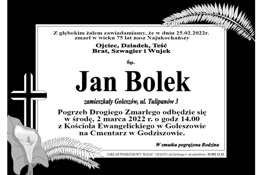 Obrezek z informacjami kiedy odbędzie się pogrzeb Jana Bolka na baiły.