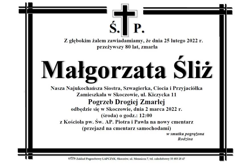 Obrazek przedstwiające informacje gdzie odbędize się pogrzeb Małgorzaty Sliż