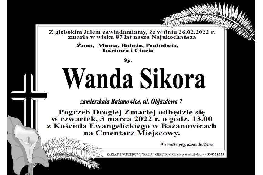 Obrazek przedstwiające informacje gdzie odbędize się pogrzeb Wandy Sikory