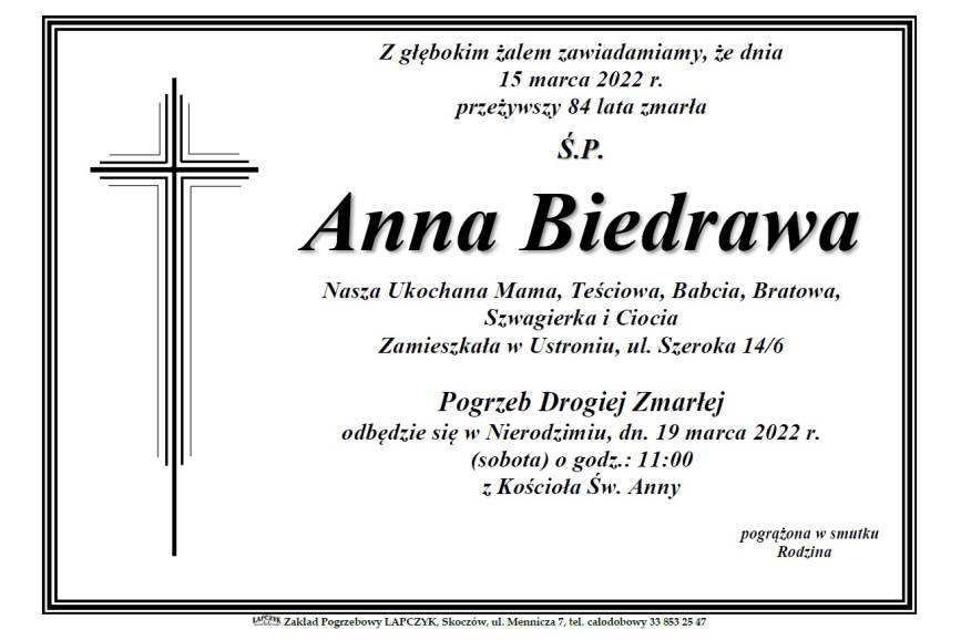 Zmarła Ś.P. Anna Biedrawa 