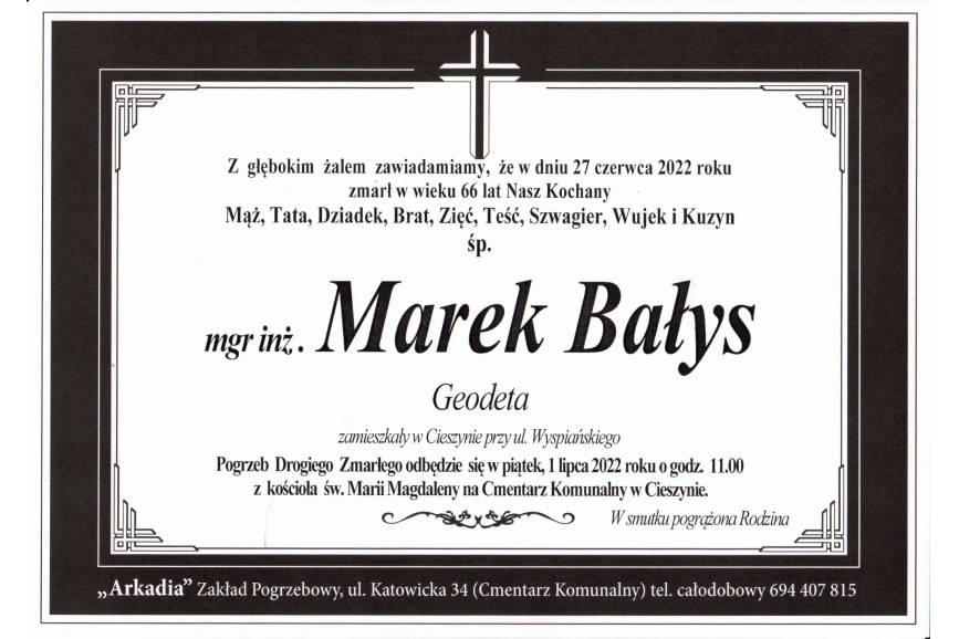 Na zdjęcie przedstawona jest klepsydra zmarłego Marek Bałys