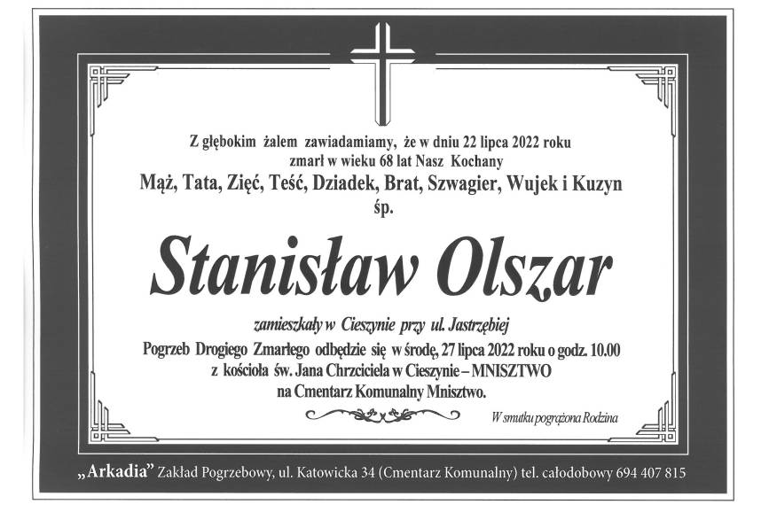 Zmarł śp. Stanisław Olszar