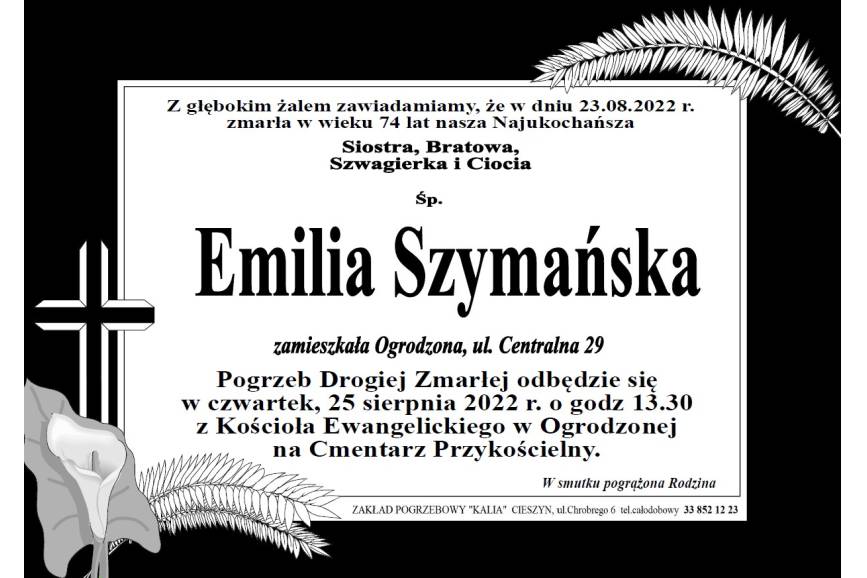 Zdjęcie przedstawia klepsydrę z informacją o śmierci Emilii Szymańskiej