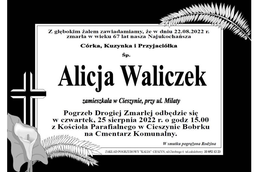Zdjęcie przedstawia klepsydrę z informacją o śmierci Alicji Waliczek 