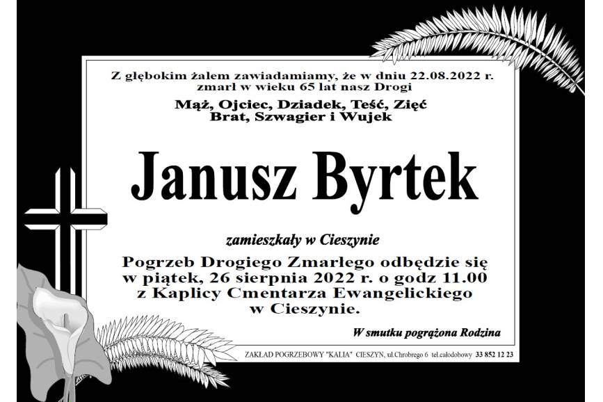 Zdjęcie przedstawia klepsydrę z informacją o śmierci Janusza Byrtka