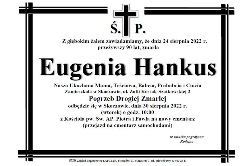 Zdjęcie przedstawia klepsydrę z informacją o śmierci Eugenii Hankus