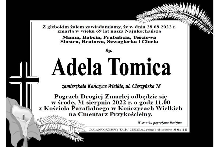 Zdjęcie przedstawia klepsydrę z informacją o śmierci Adeli Tomicy