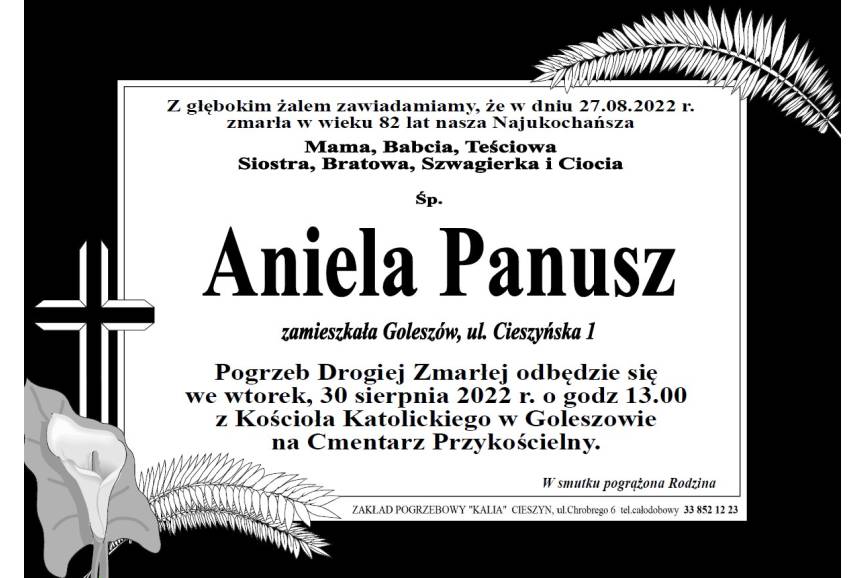 Zdjęcie przedstawia klepsydrę z informacją o śmierci Anieli Panusz