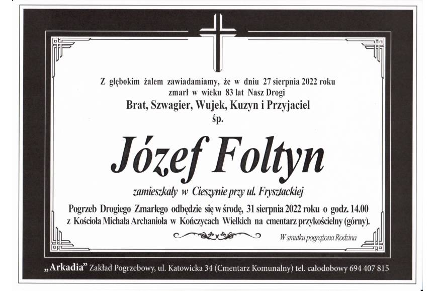 Zdjęcie przedstawia klepsydrę z informacją o śmierci Józefa Foltyna