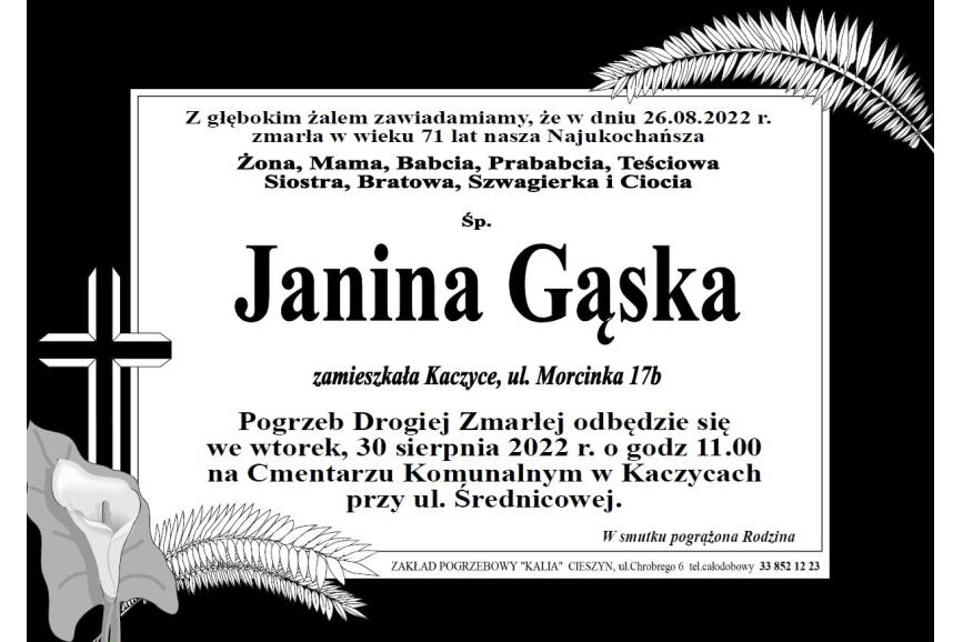 Zdjęcie przedstawia klepsydrę z informacją o śmierci Janiny Gąski