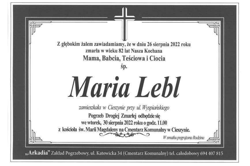 Zdjęcie przedstawia klepsydrę z informacją o śmierci sp. Marii Lebl