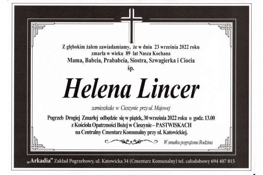 Zmarła śp. Helena Lincner