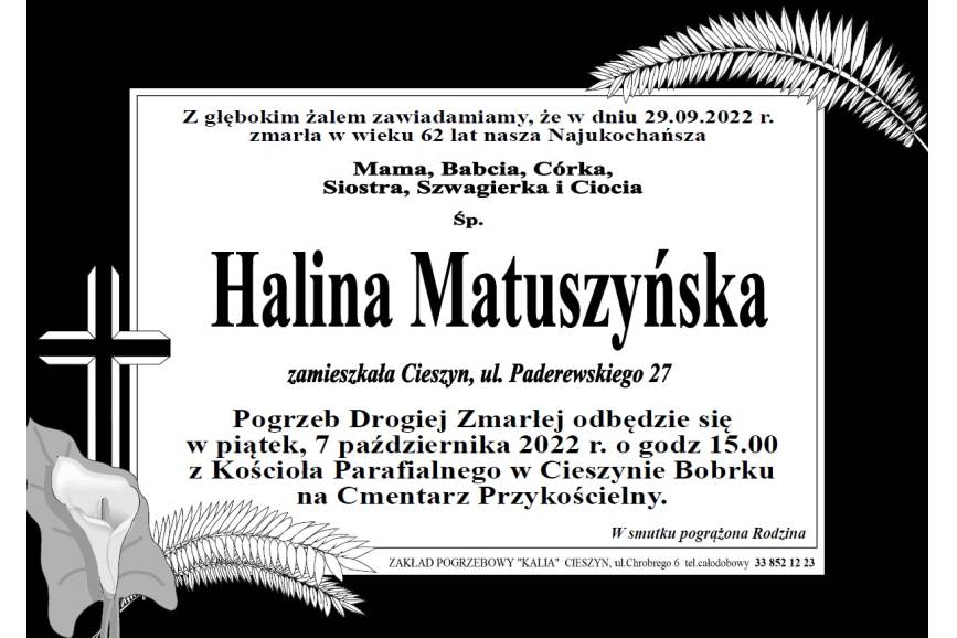 Zmarła Śp. Halina Matuszyńska