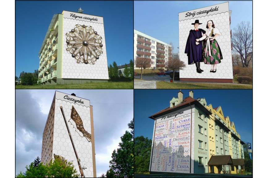 Zdjęcie przedstawia projekt czterech murali na budynkach w Cieszynie