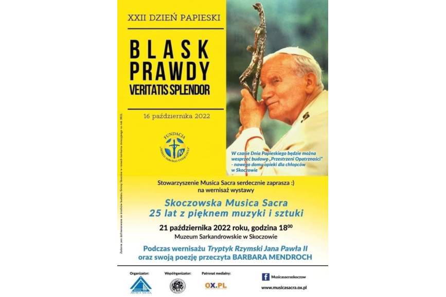 Plakat wystawy "Skoczowska Musica Sacra" przedstawiający Papieża Jana Pawła II