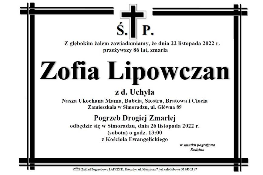 Zmarła Zofia Lipowczan z d. Uchyła 
