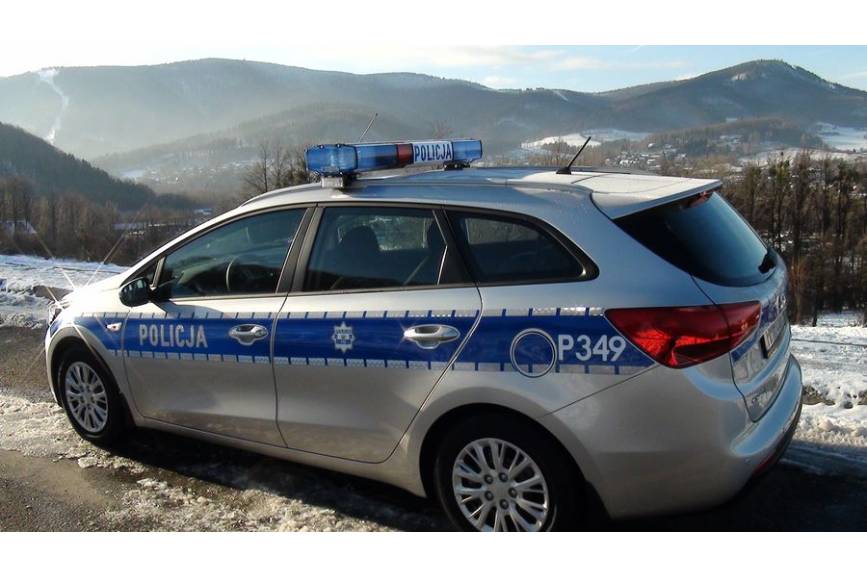 Zdjęcie przedstawia samochód policyjny w tle ośnieżone góry