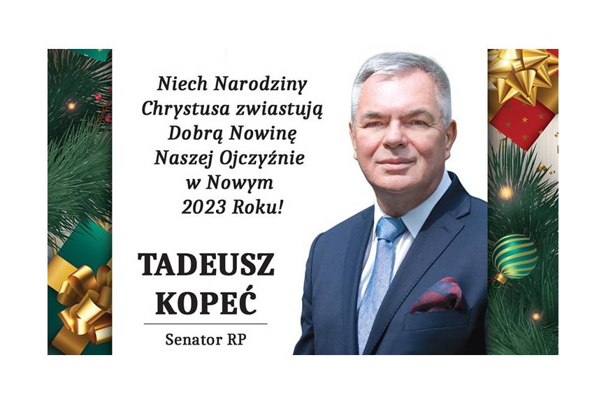 Grafika przedstawiająca zdjęcie senatora Tadeusza Kopcia oraz treść życzeń
